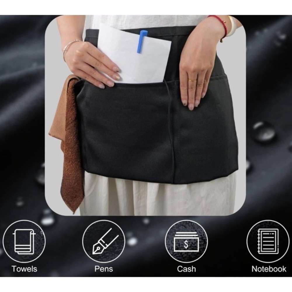 2-Pack Server Apron Waist Half Aprons for Waitress with 3 Pockets Black Short
